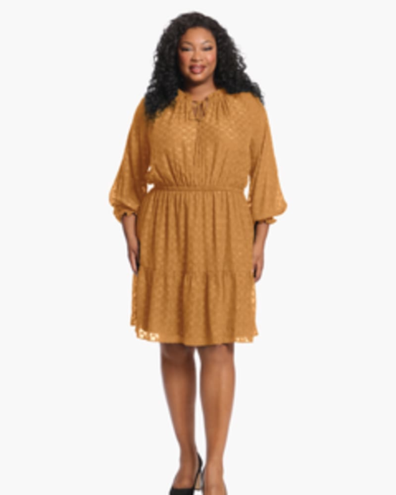 Front of a model wearing a size 14w Sammie Tie-Front Dress in gold by London Times. | dia_product_style_image_id:254875